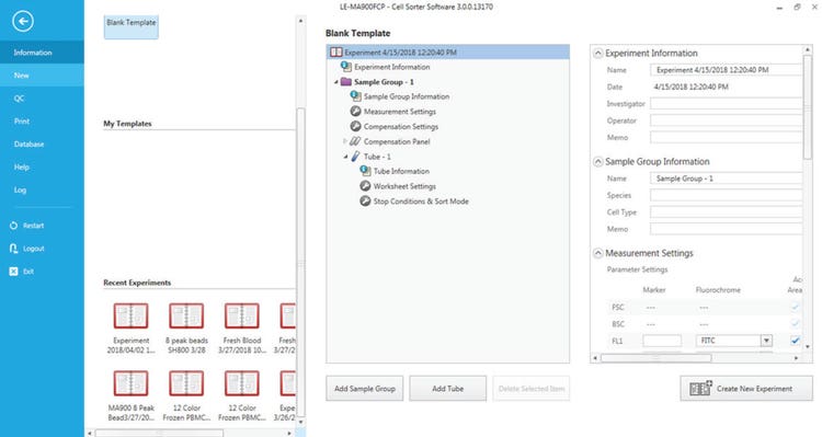 MA900 experiment settings screen